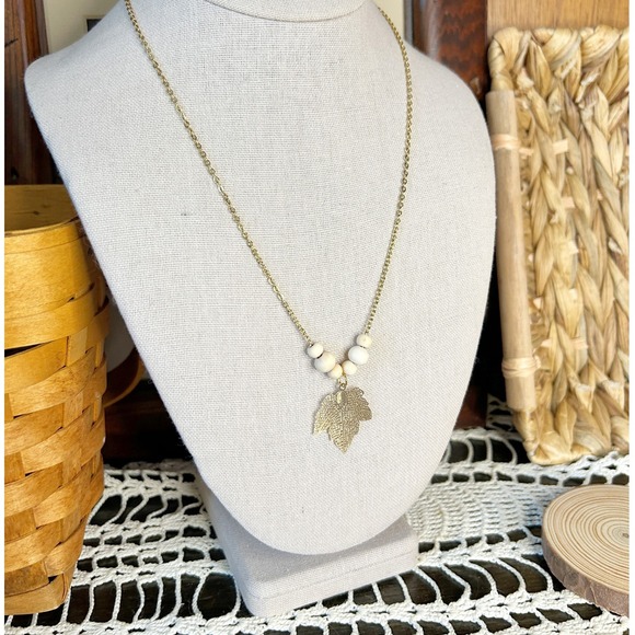 Golden Maple Leaf & Wooden Bead Pendant Necklace - Picture 1 of 5